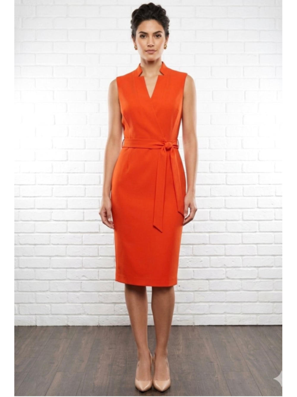 Women’s Calvin Klein Dress size 8 Scuba Crepe Collar Midi Wrap Orange Dress NWT